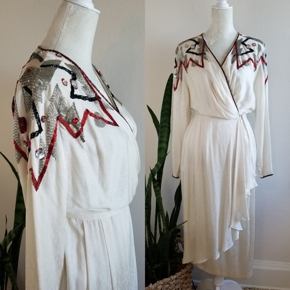 Vintage Dresses & Skirts - VTG 80s Francesca of Damon Beaded Silk Wrap Dress